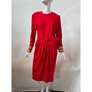 Vintage Caron Womens Dress Red Belted Pockets Back Slit Pleated Casual USA M